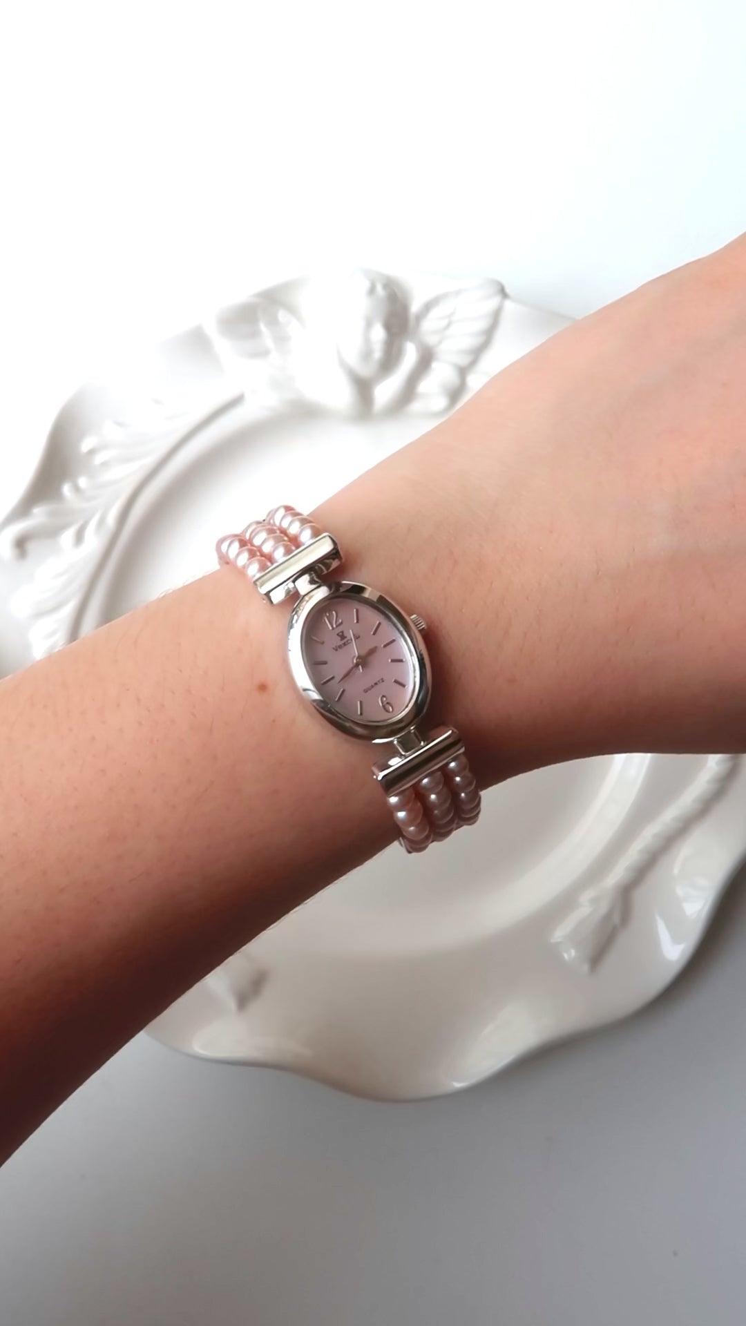 Vx. Pink MOP Oval Dial Pink Pearls Silver Chain Watch