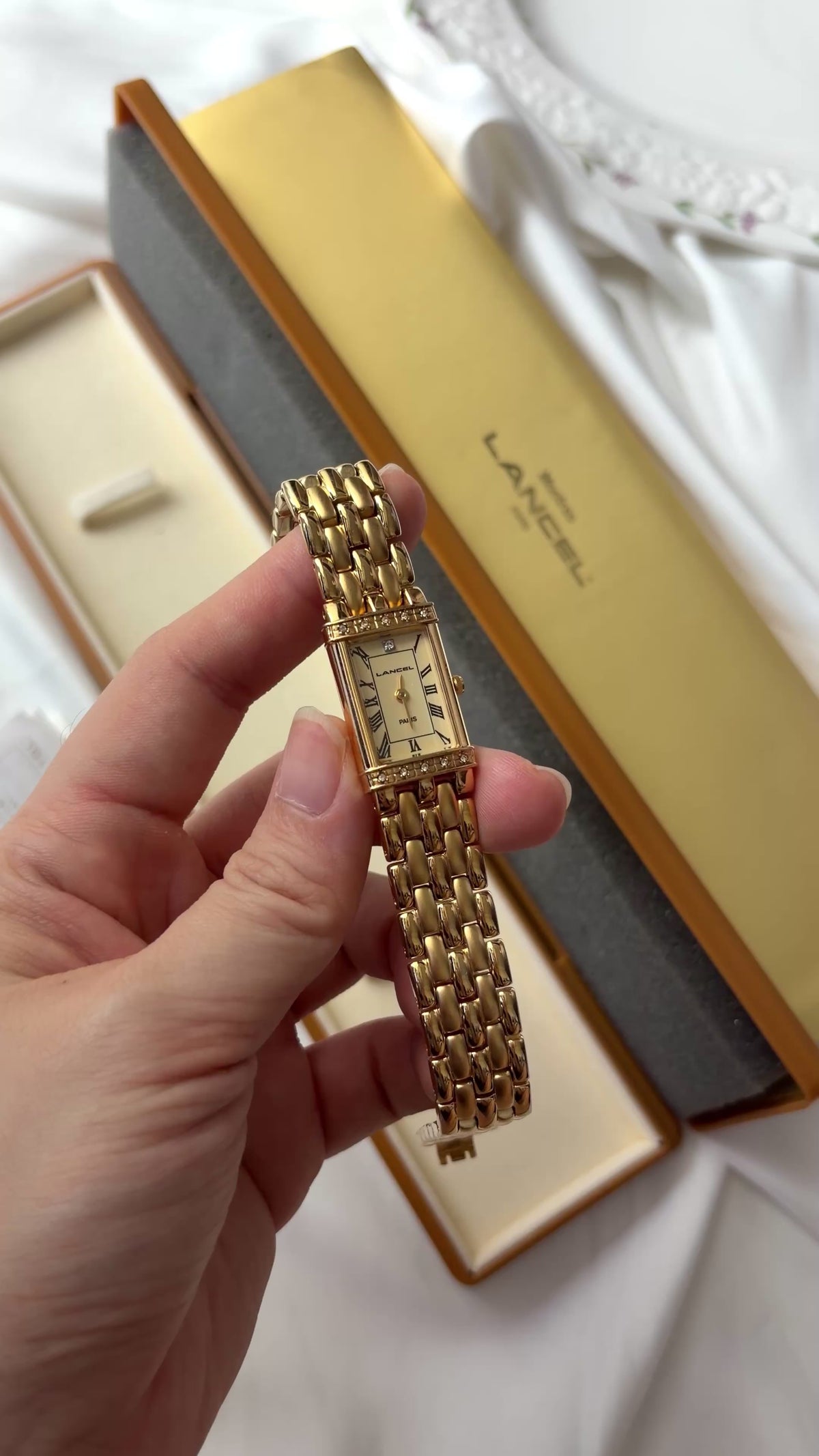 [WITH BOX] Lancel Paris Gold Rect Roman Dial Gold Chain Watch