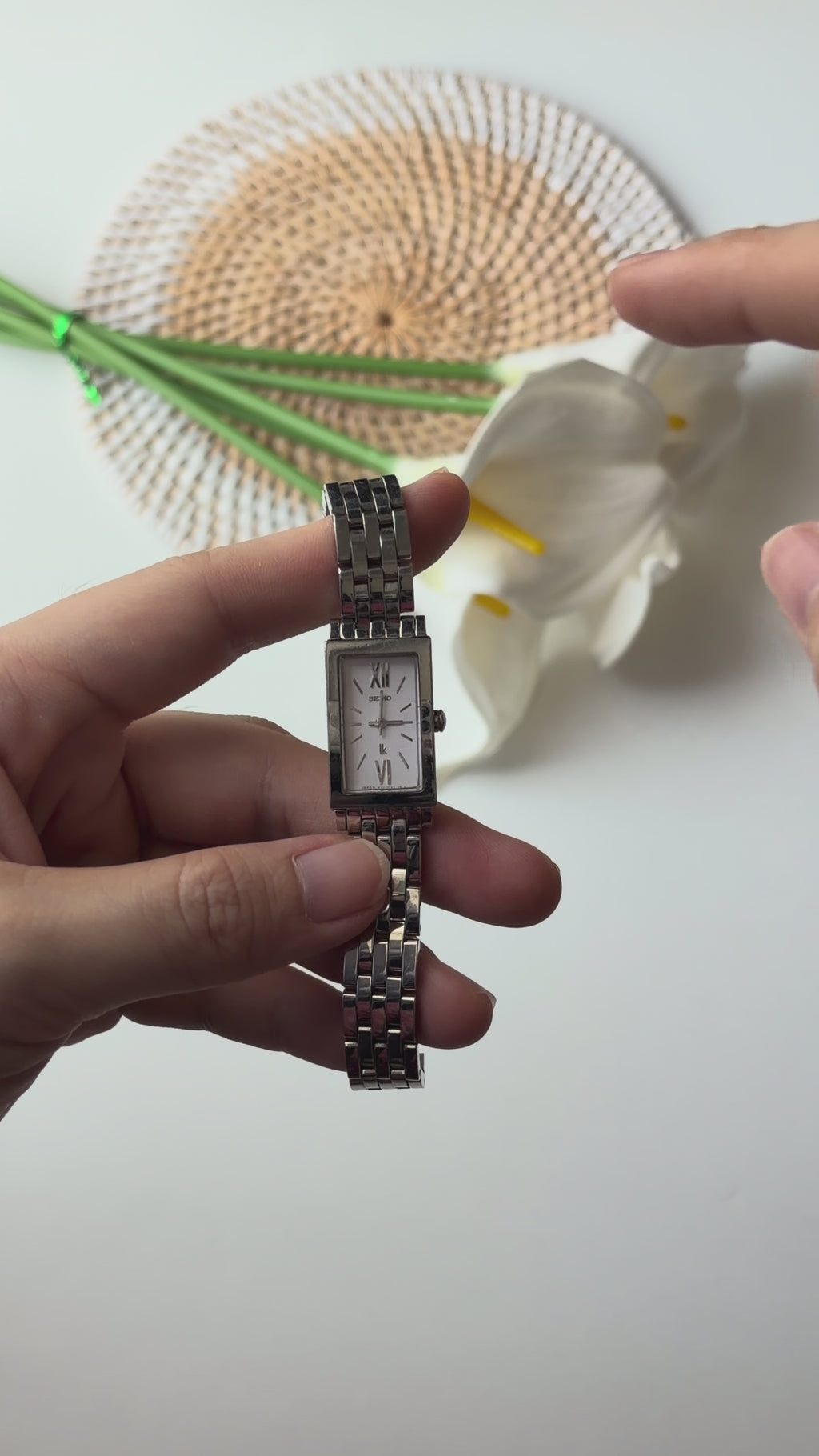 S. Lukia White Rect Dial Silver SS Chain Watch