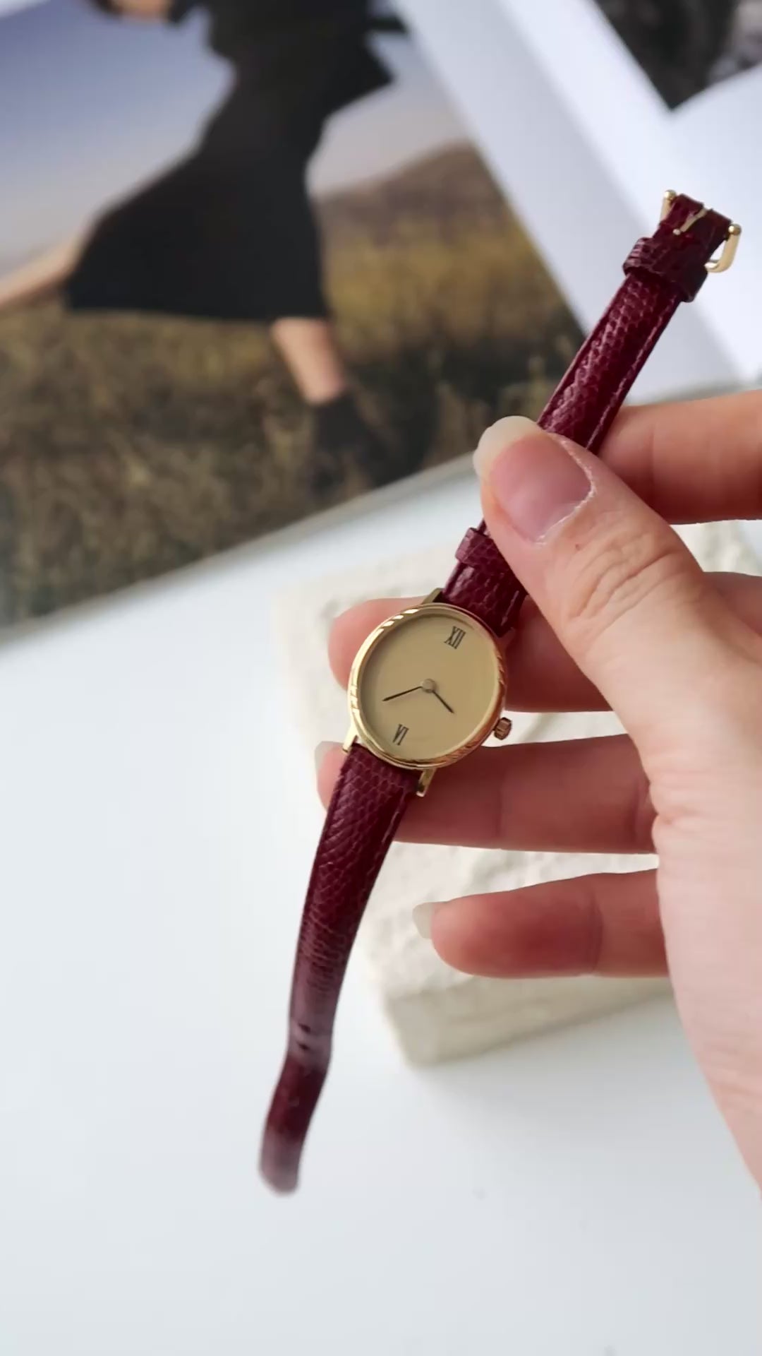 T. Boutique Oval Gold Dial with Dark Red Strap Watch