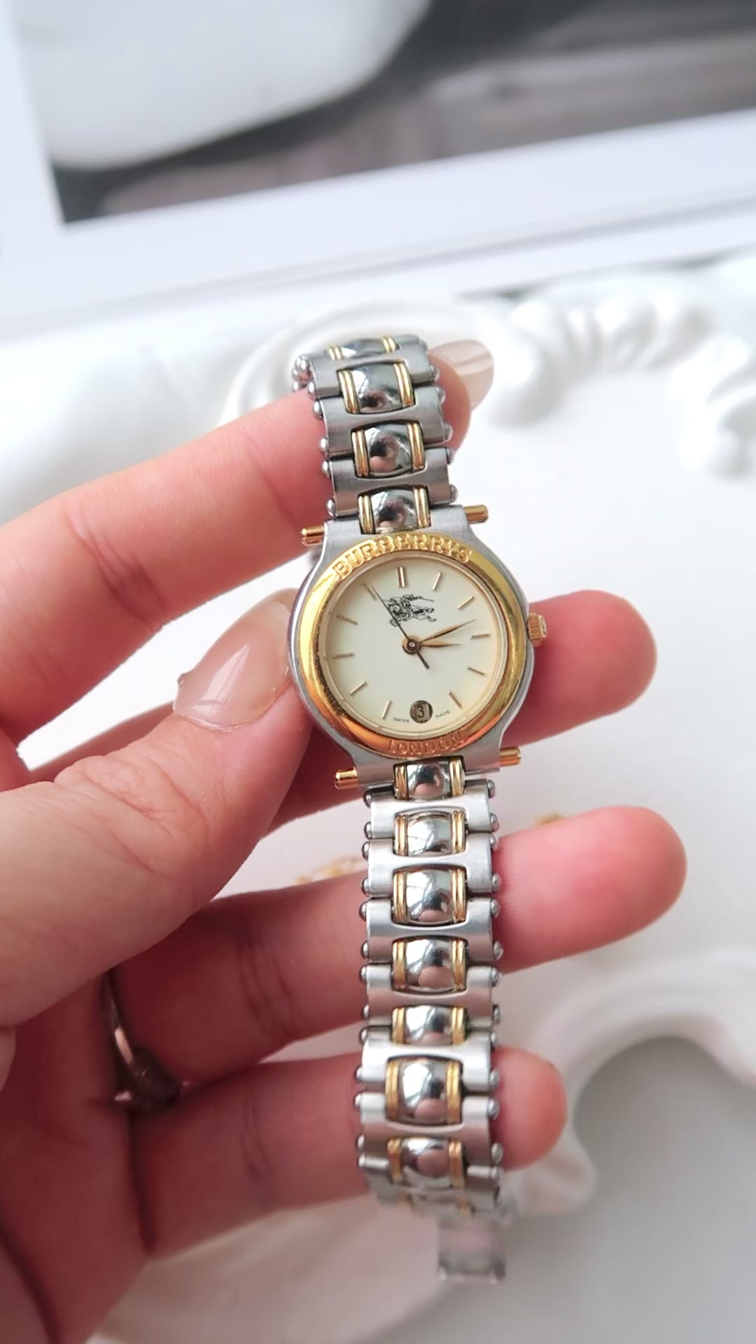 BRBY. Round Ivory Dial with Two Tone Chain Watch