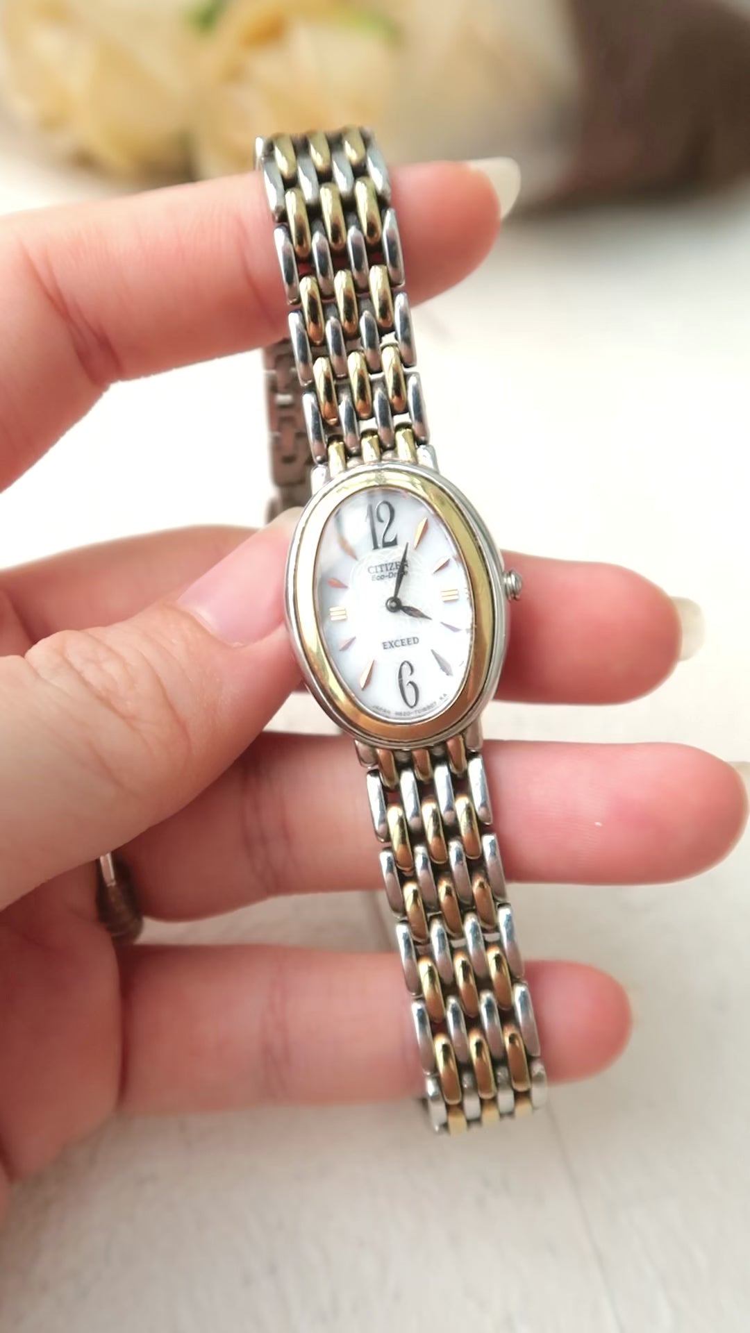 CTZ. Exceed Eco Drive White Oval Dial with Two Tone Chain Watch