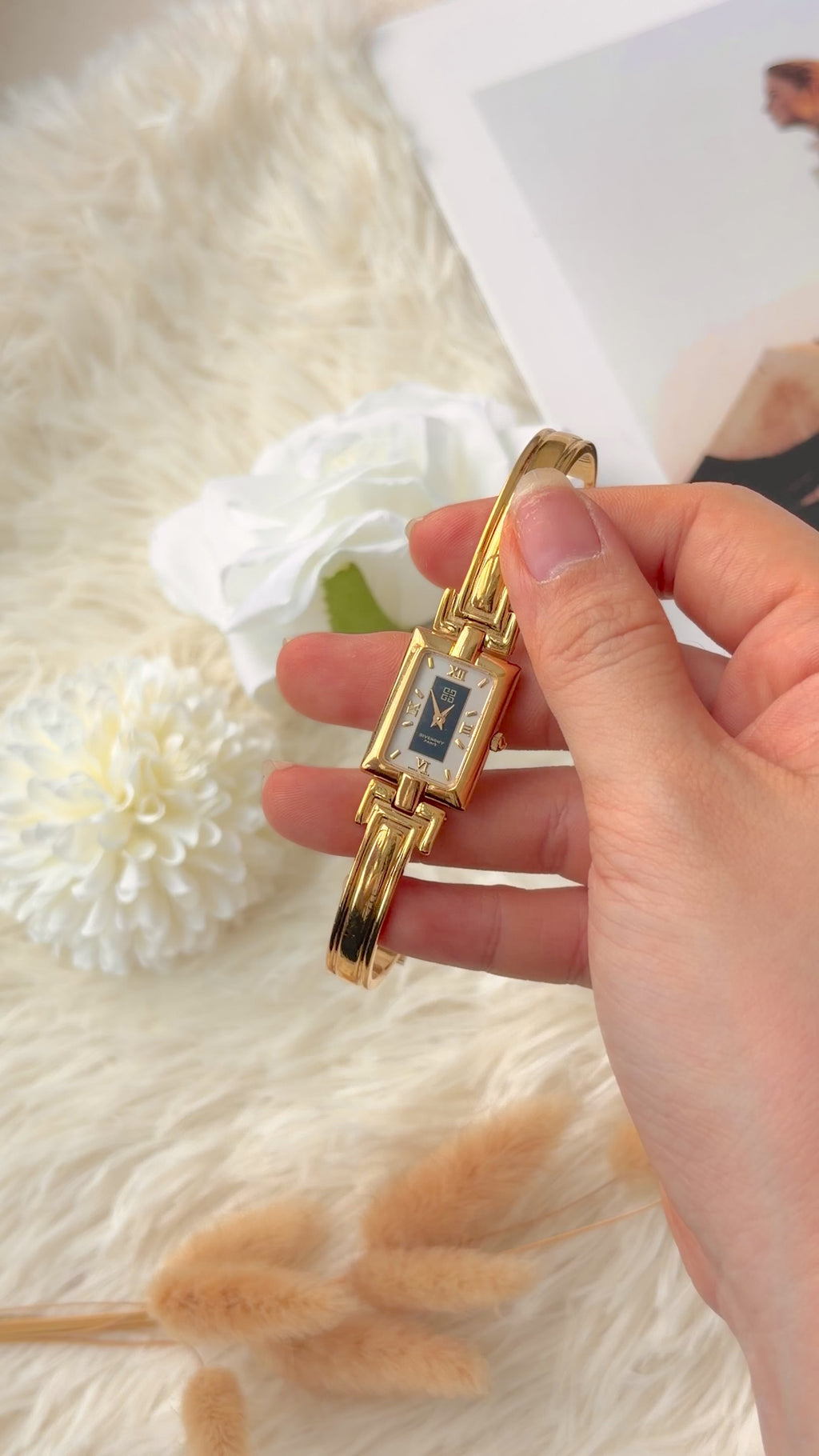 GV. White & Black Rect Dial with Gold Bangle Watch