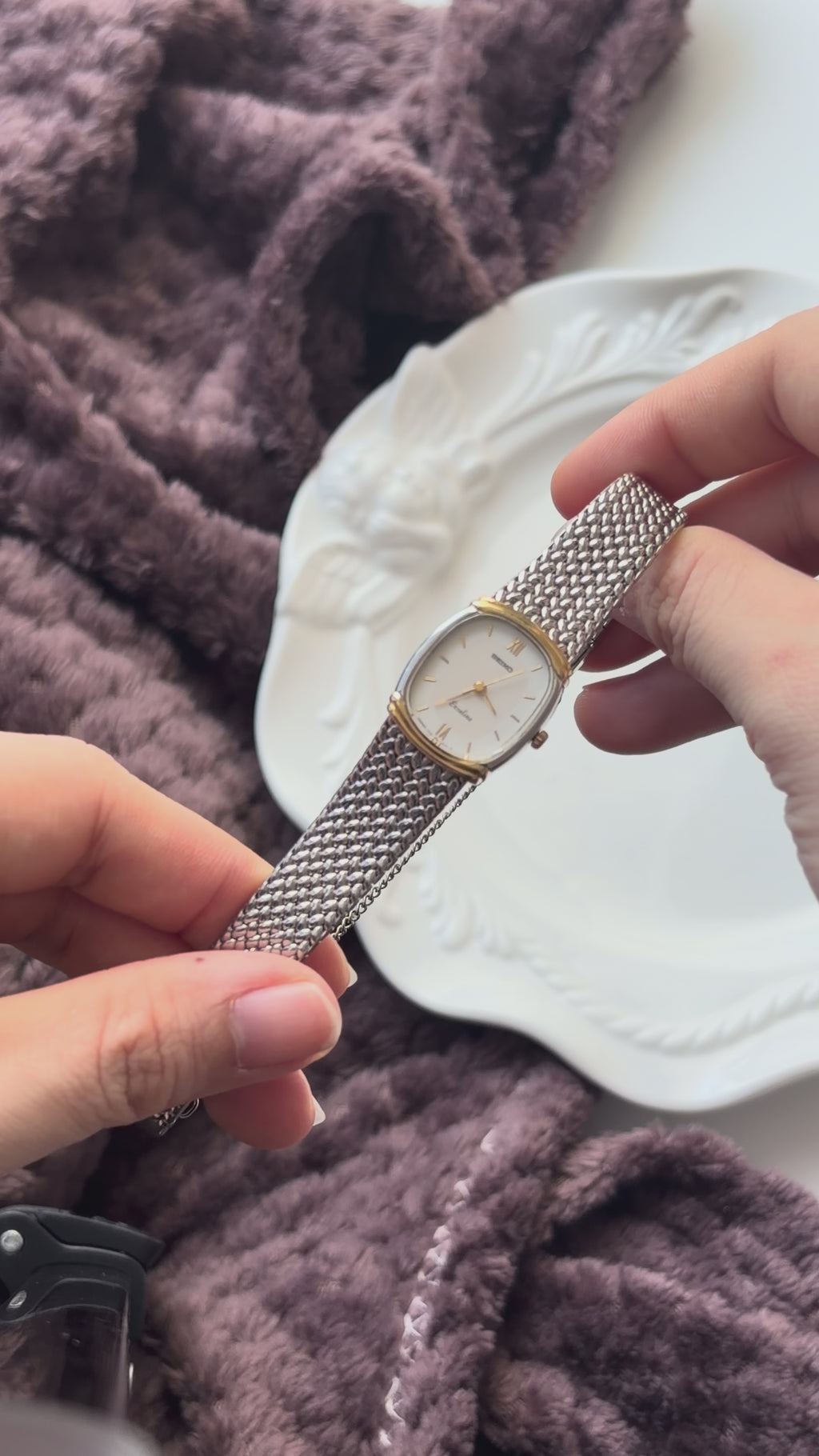 S. Exceline White & Beige Rect Dial Silver SS Braid Chain Watch