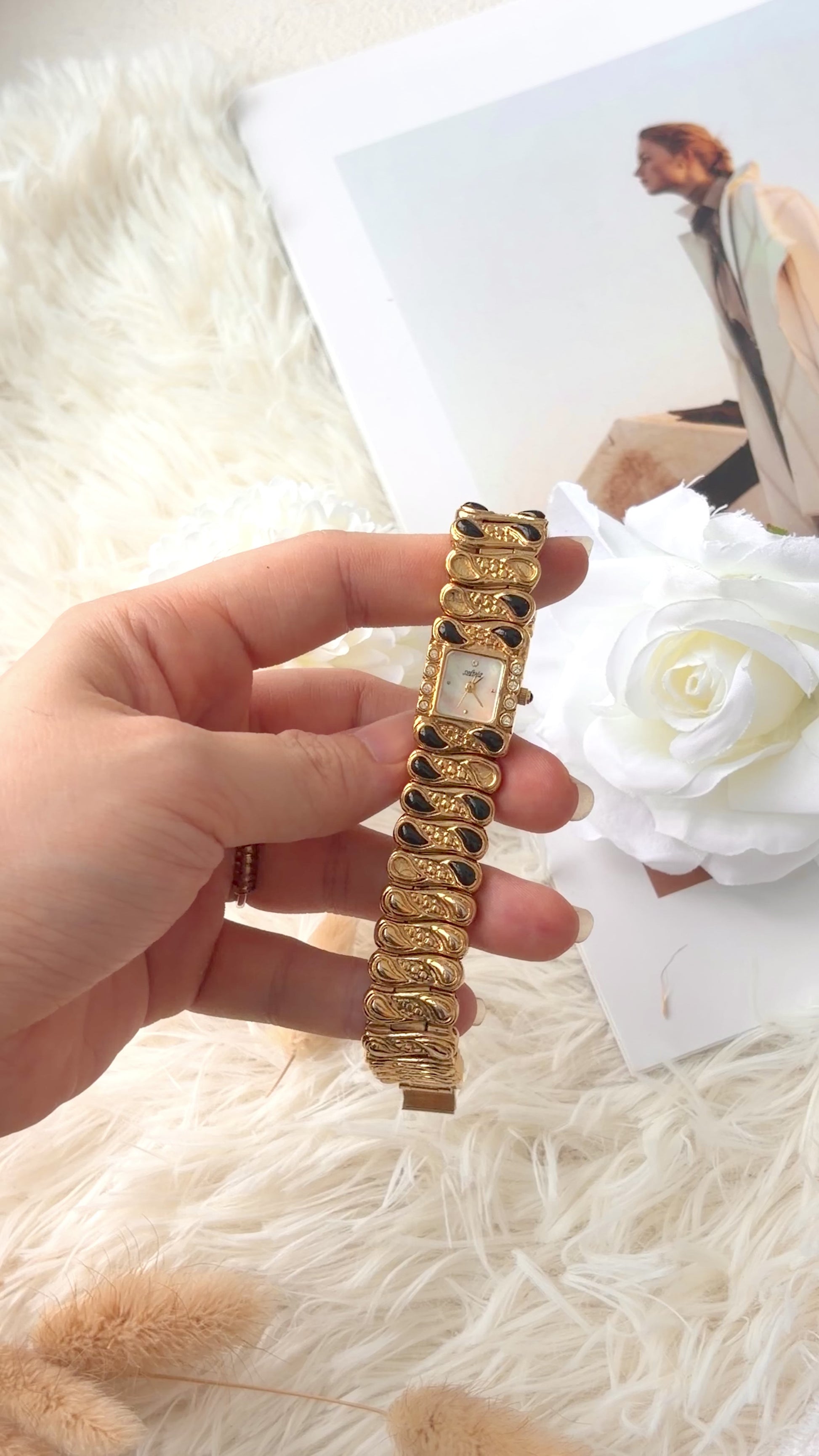 S. Salvia MOP Square Dial with Gold & Black Bangle Watch