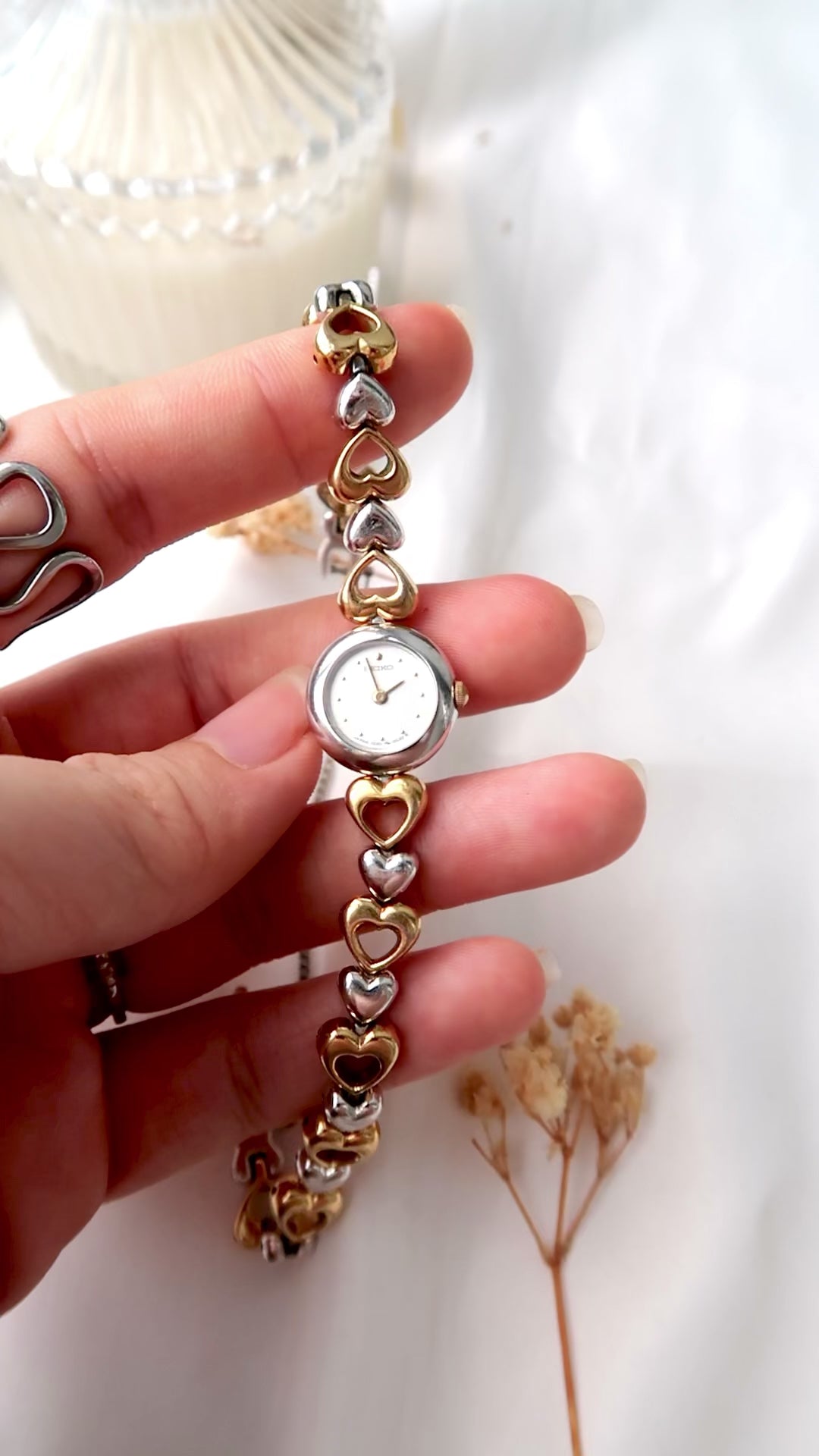 S. White Round Dial with Love Two Tone Chain Watch