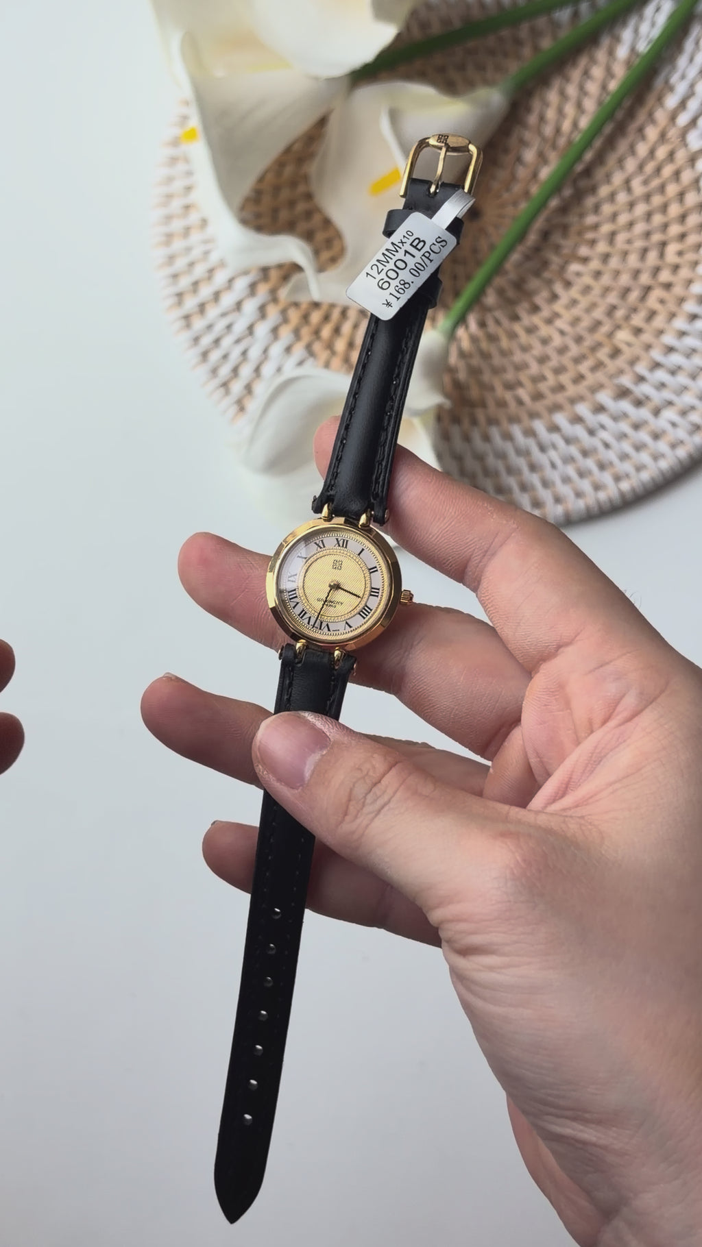 GV. White Gold Round Roman Dial Black Strap Watch