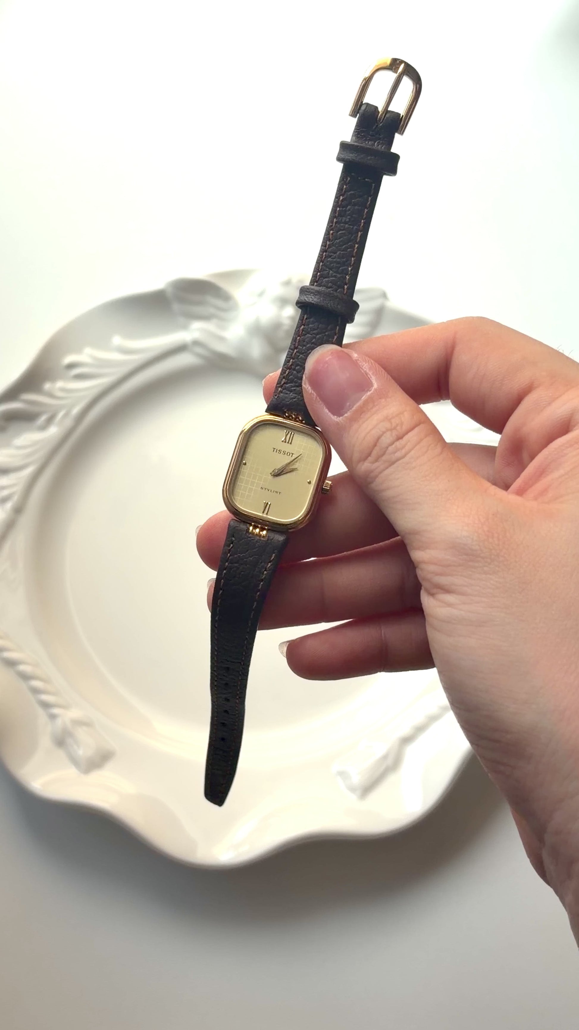 T. Gold Rect Dial Brown Strap Watch