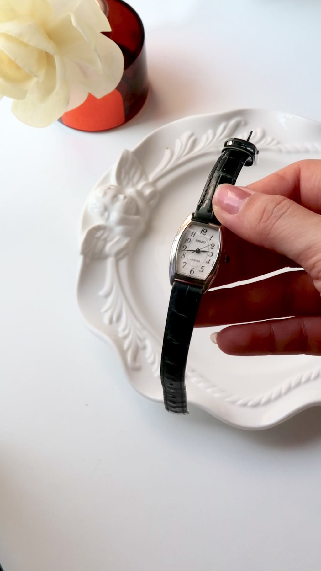 S. Exceline White Oblong Dial Black Strap Watch