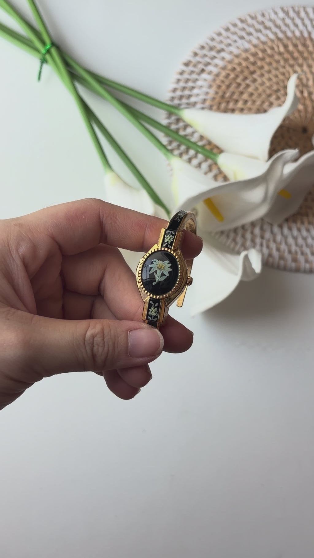 AM. White Green Flower Black Dial Gold Bangle Watch