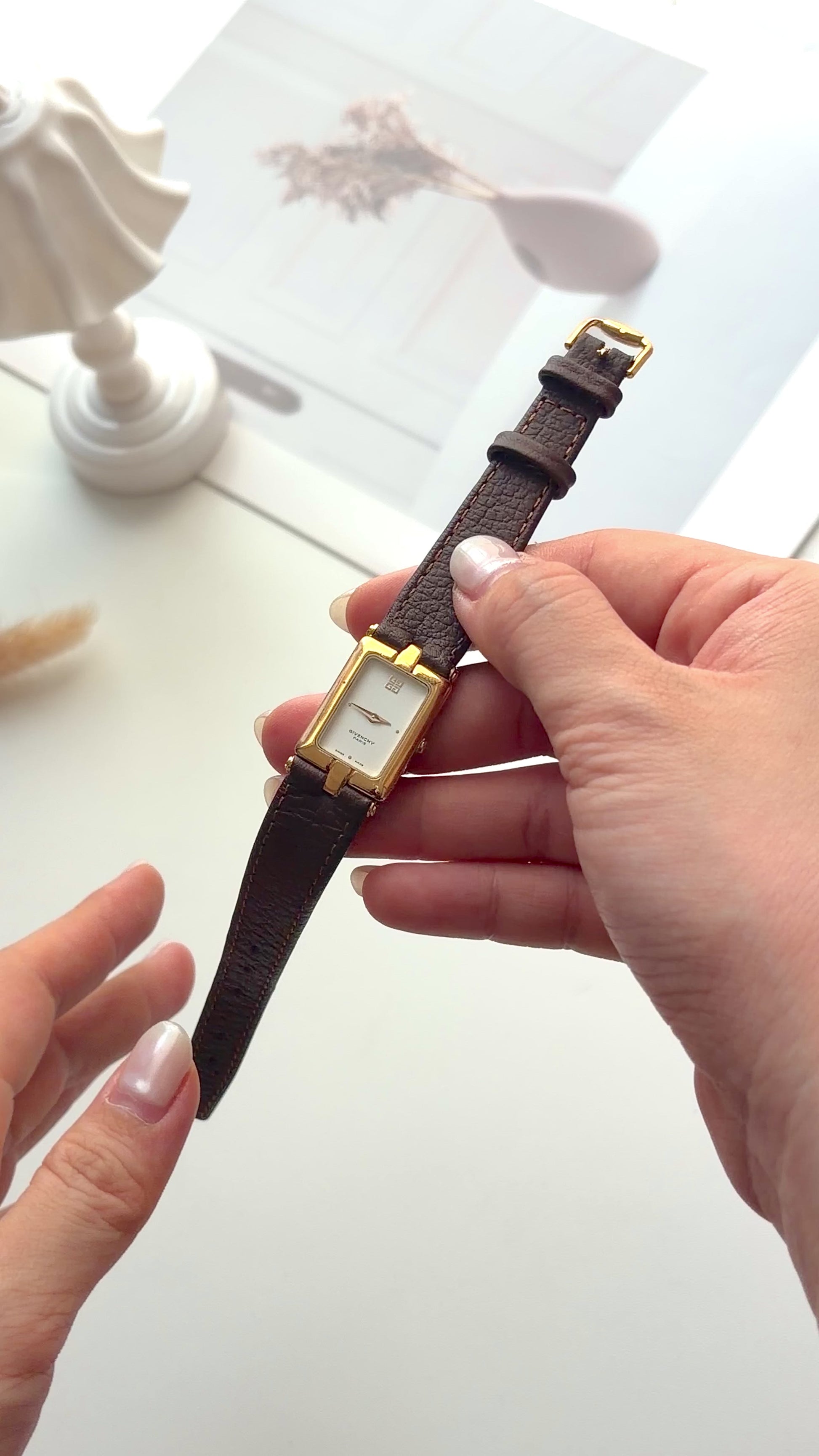 GV White Rectangular Dial Dark Brown Strap Watch