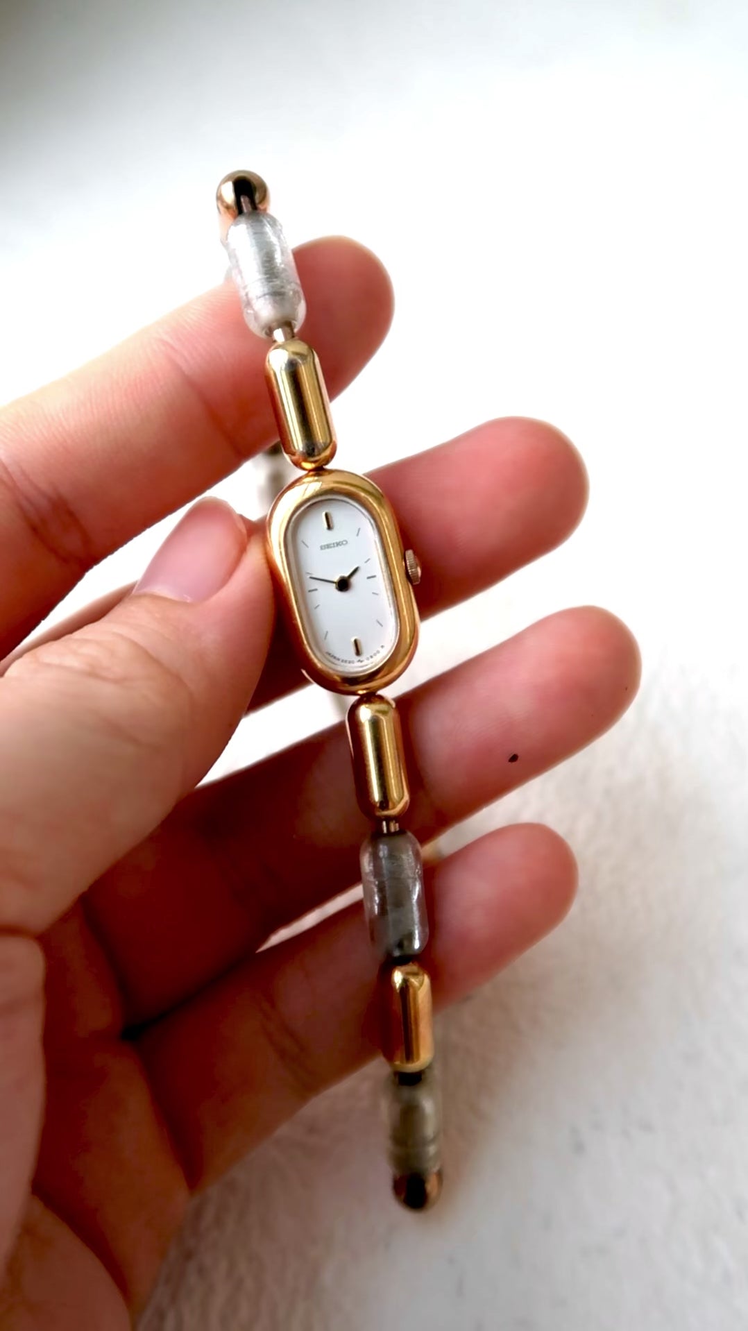 S. Oval White Dial with Gold Chain & Clear Beads