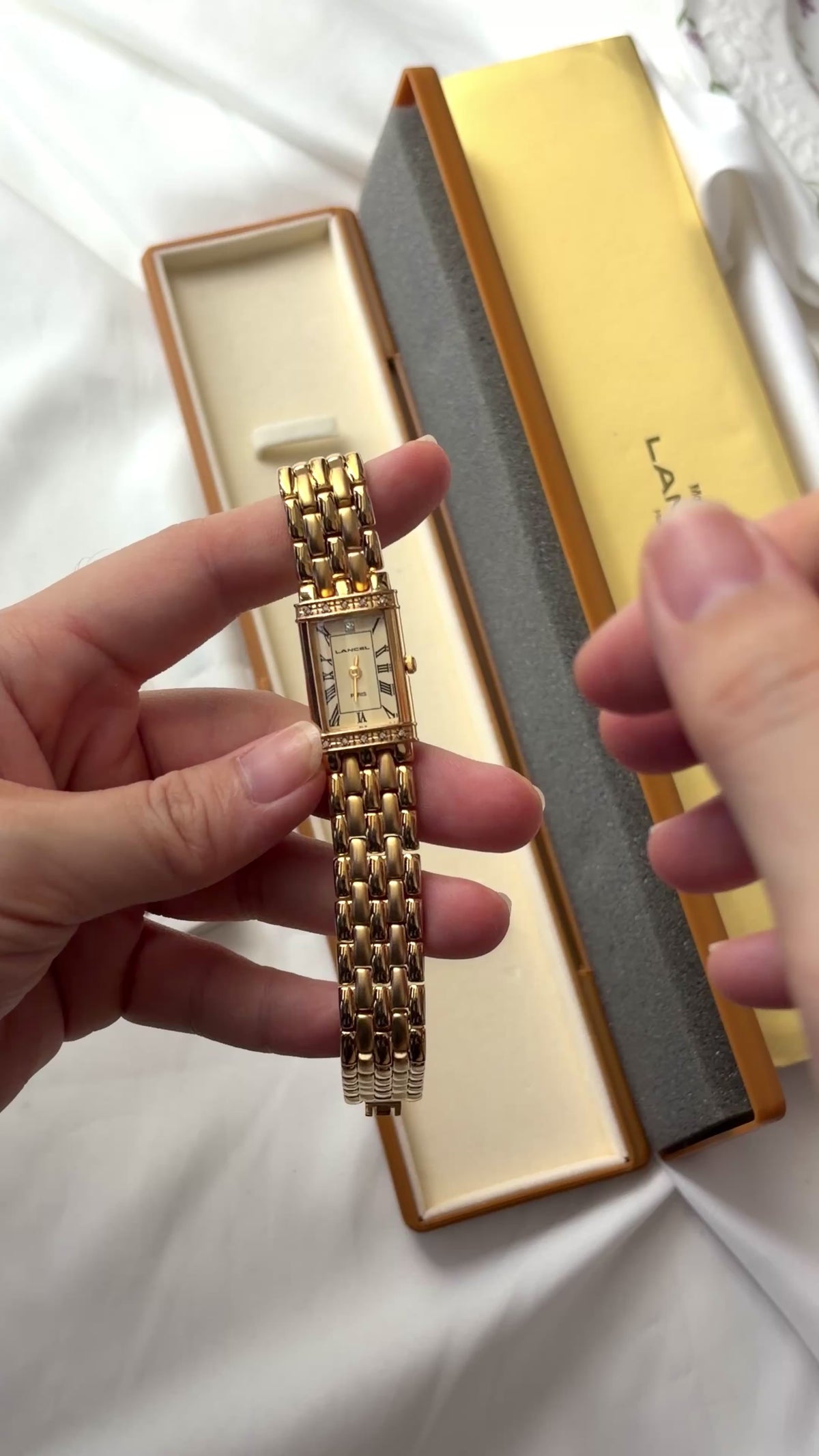 [WITH BOX] Lancel Paris Gold Rect Roman Dial Gold Chain Watch