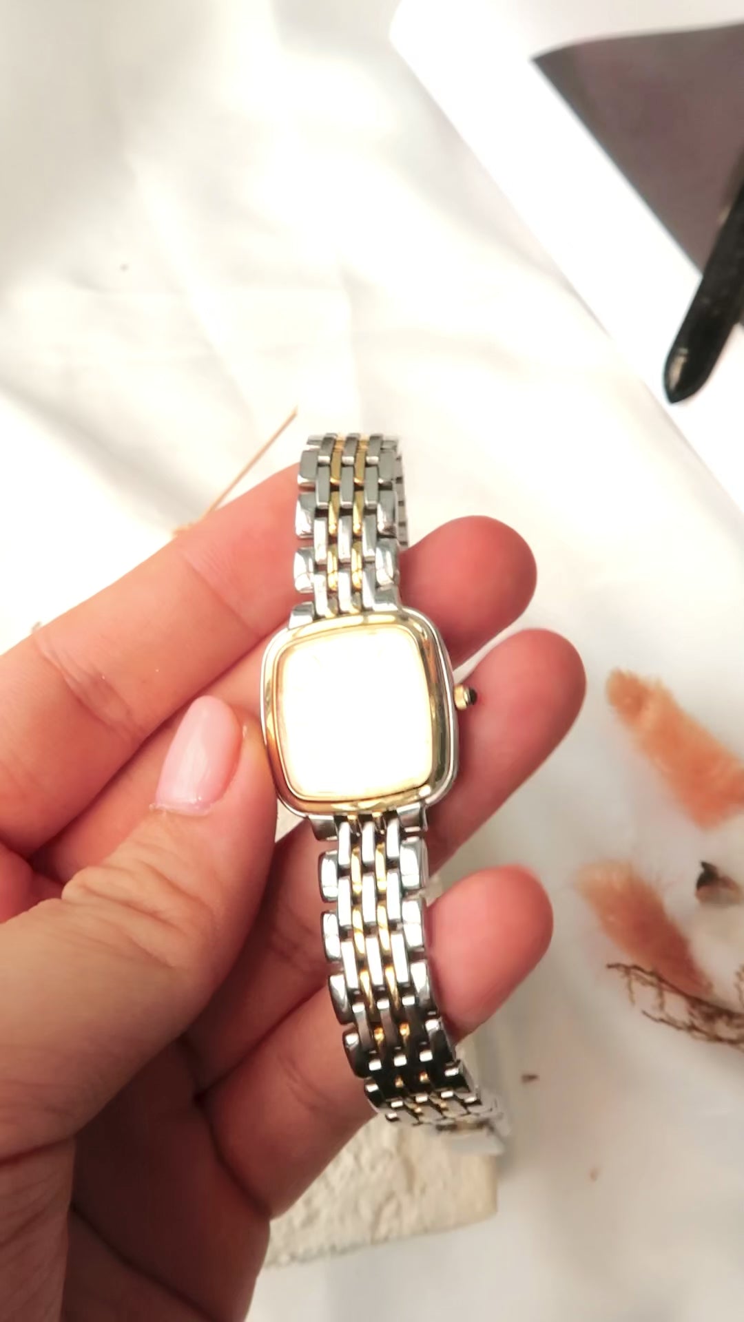 S. Exceline Square Beige Dial with Two Tone Chain Watch