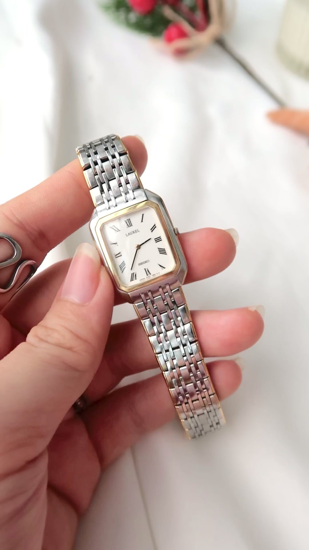 S. Laurel Rect White Roman Dial with Two Tone Chain Watch