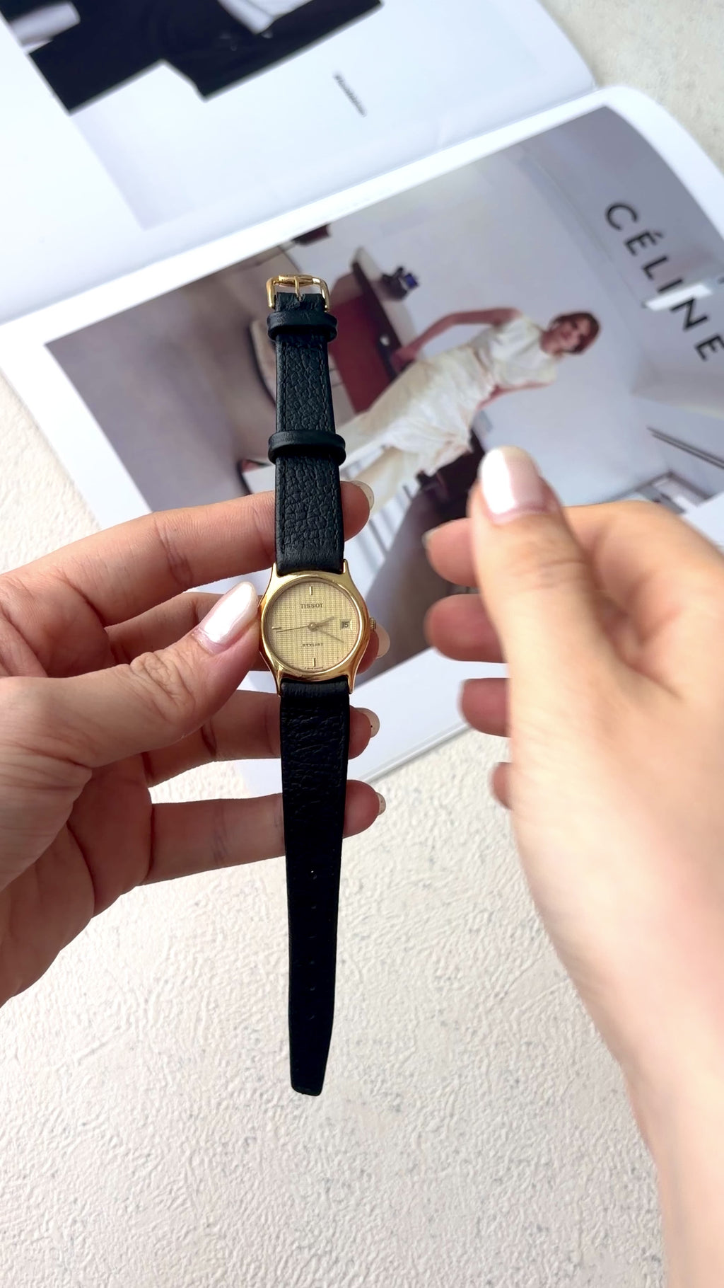 T. Stylist Gold Round Date Dial Black Strap Watch