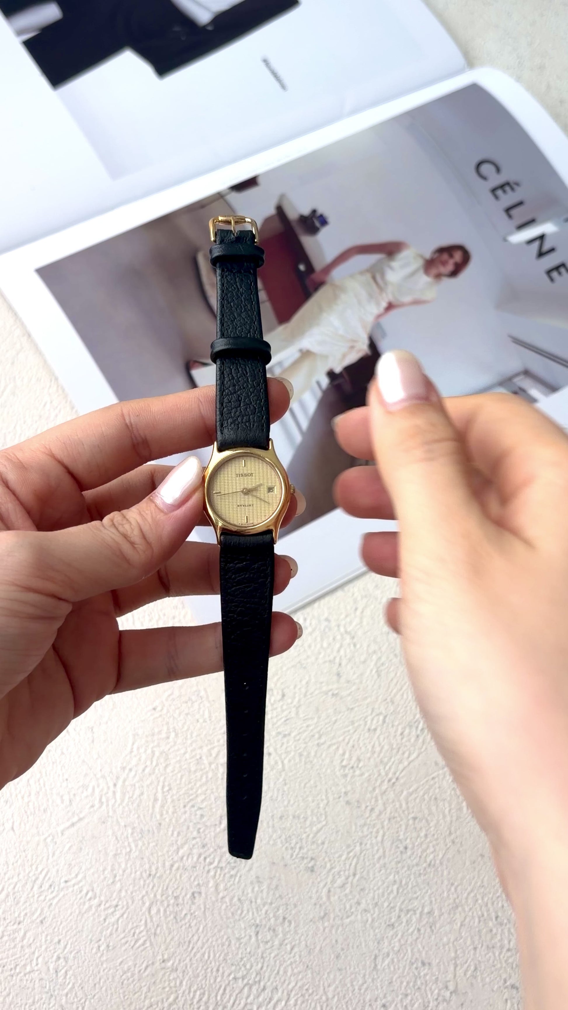 T. Stylist Gold Round Date Dial Black Strap Watch