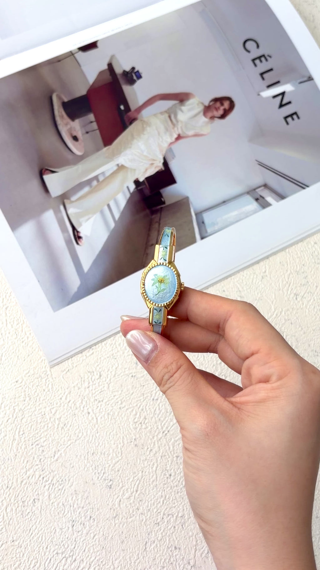 AM. Blue Flower Pattern Gold Bangle Watch