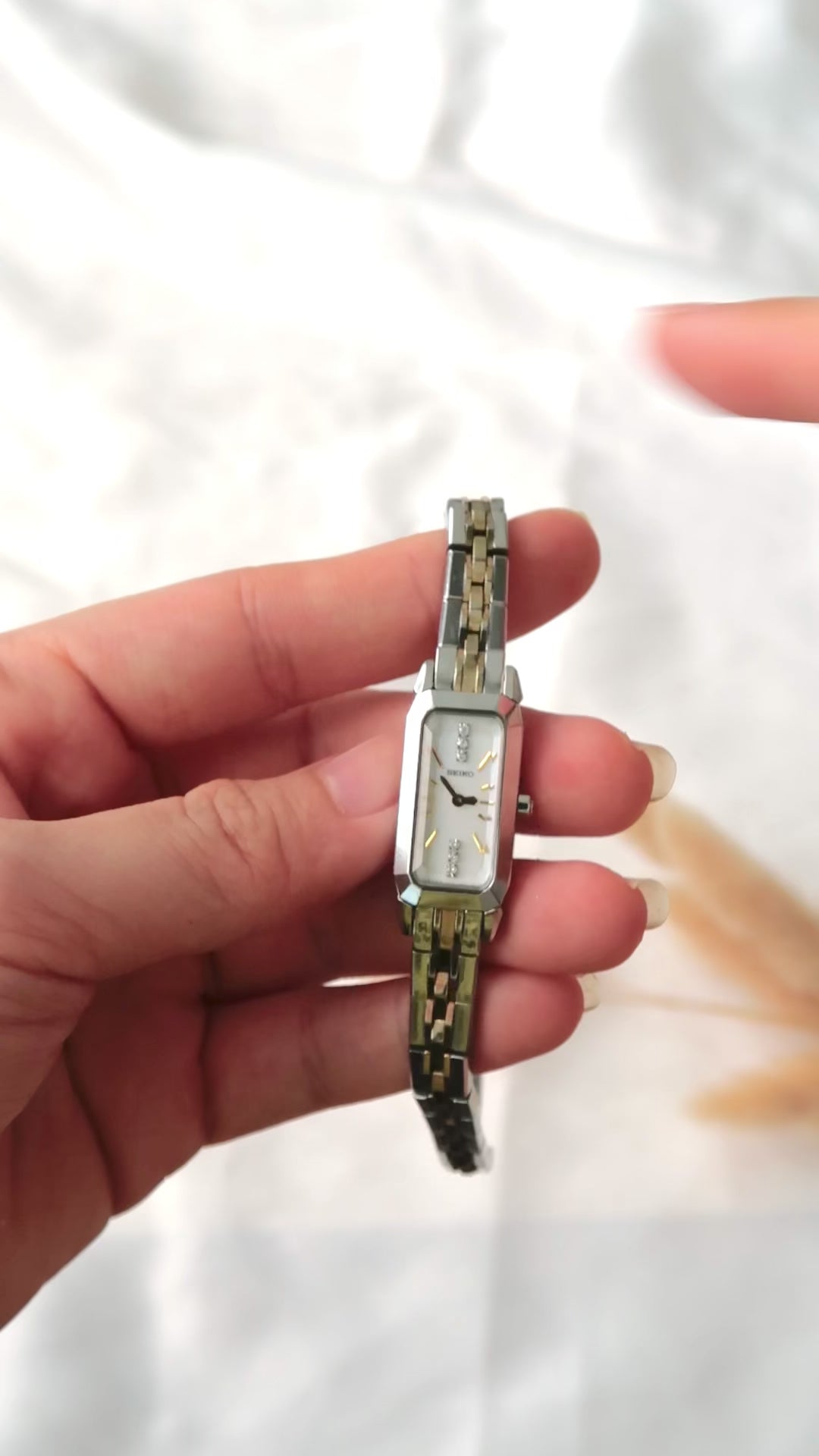 S. White Rectangle 6P Diamonds Dial with Two Tone Chain Watch