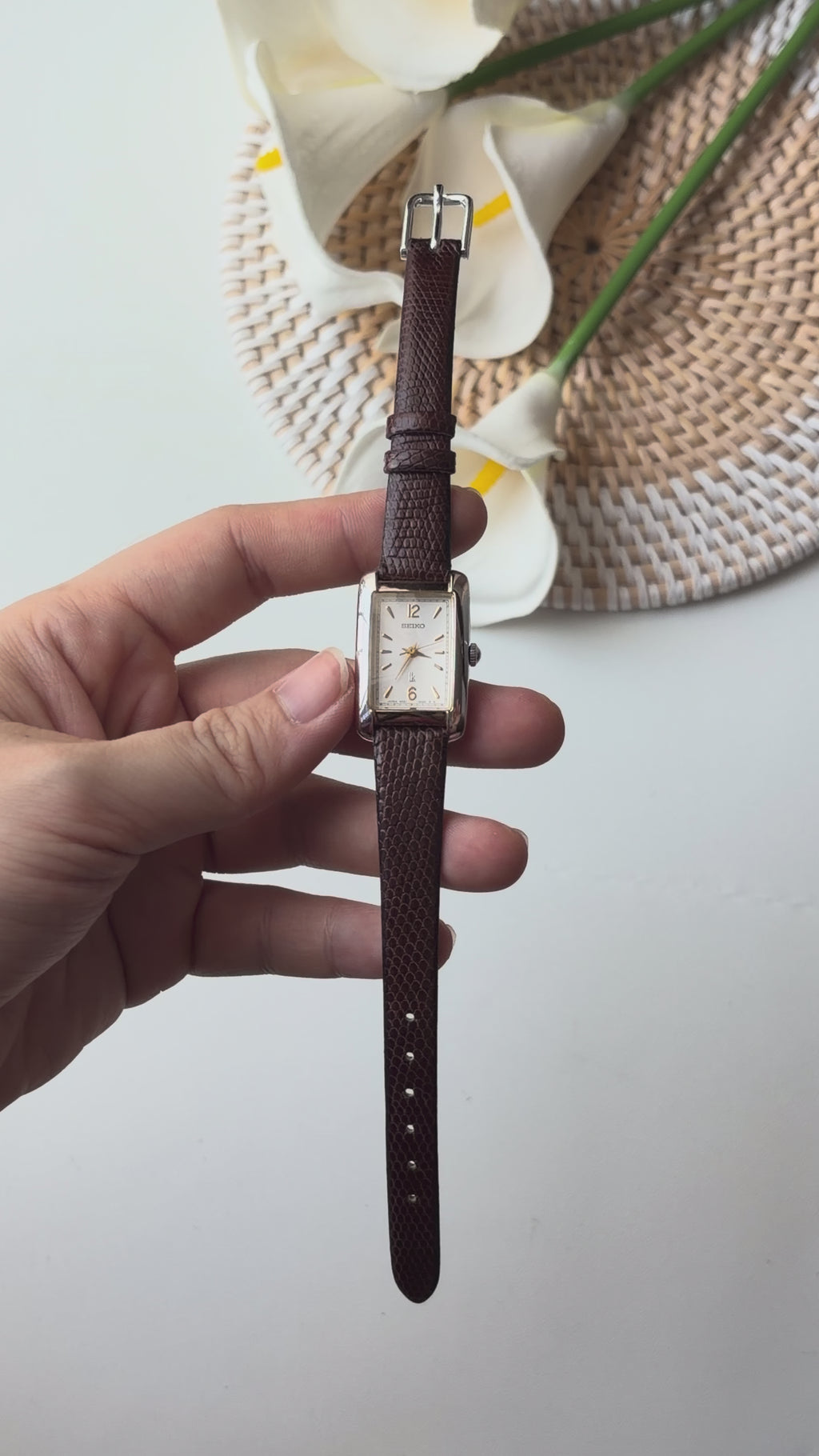 S. Lukia White Rect Dial Brown Strap Watch