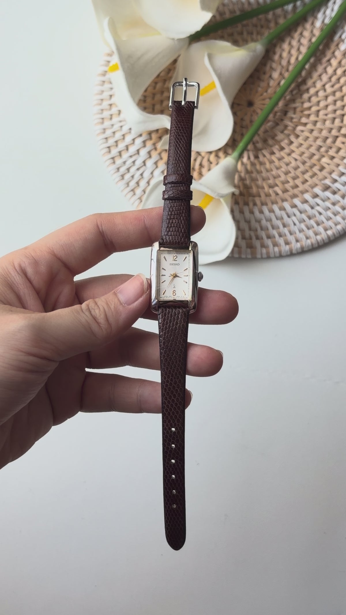 S. Lukia White Rect Dial Brown Strap Watch