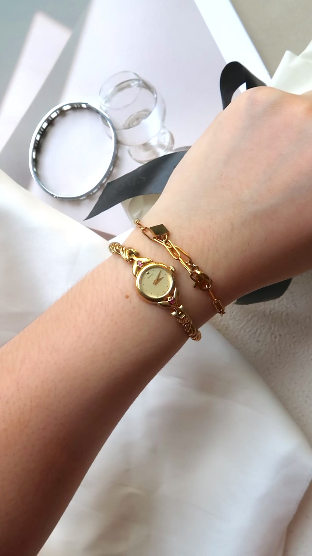 S. Round Gold Dial with Two Pink Jewels Watch