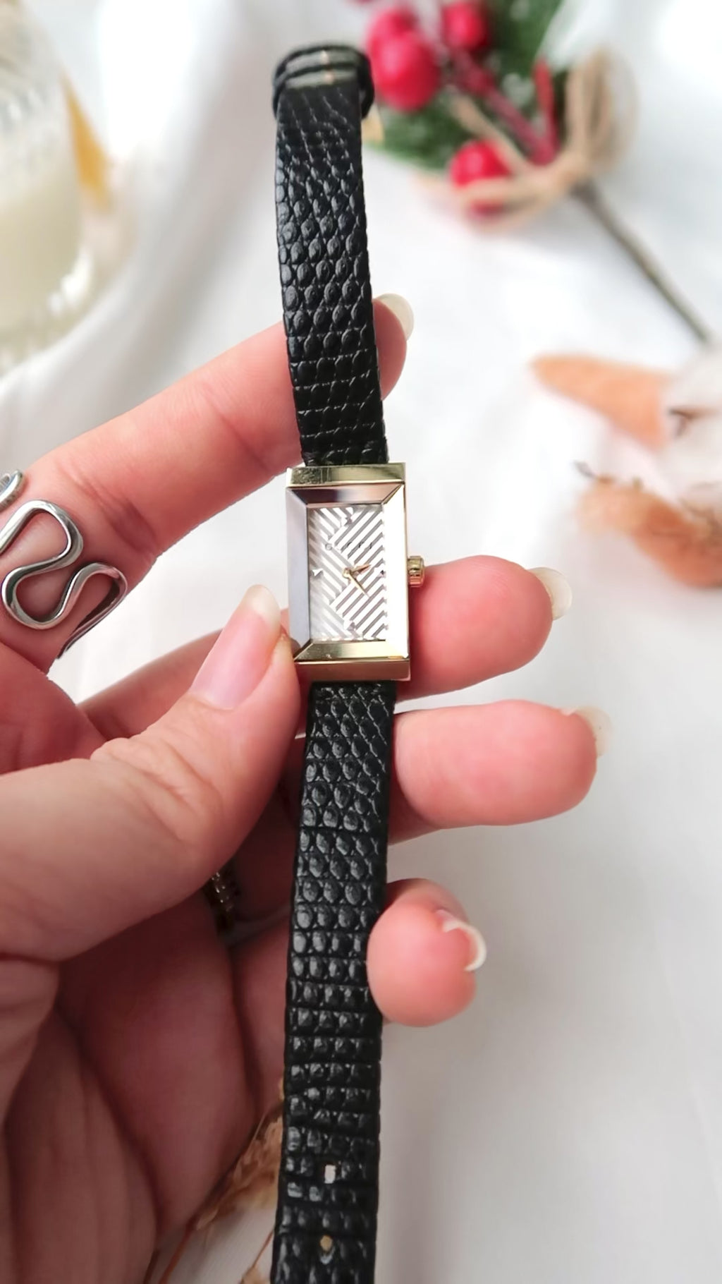 Gc. Rect Patterned Dial with Black Leather Strap Watch