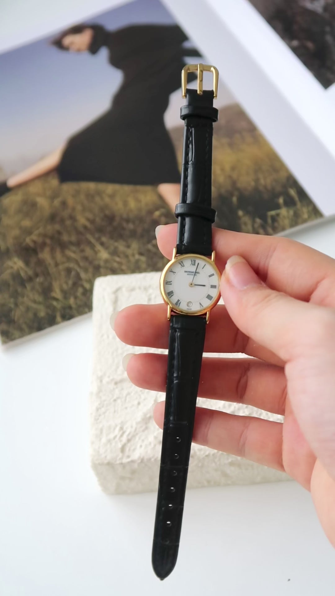 RW. Round White Roman Date Dial with Black Strap Watch