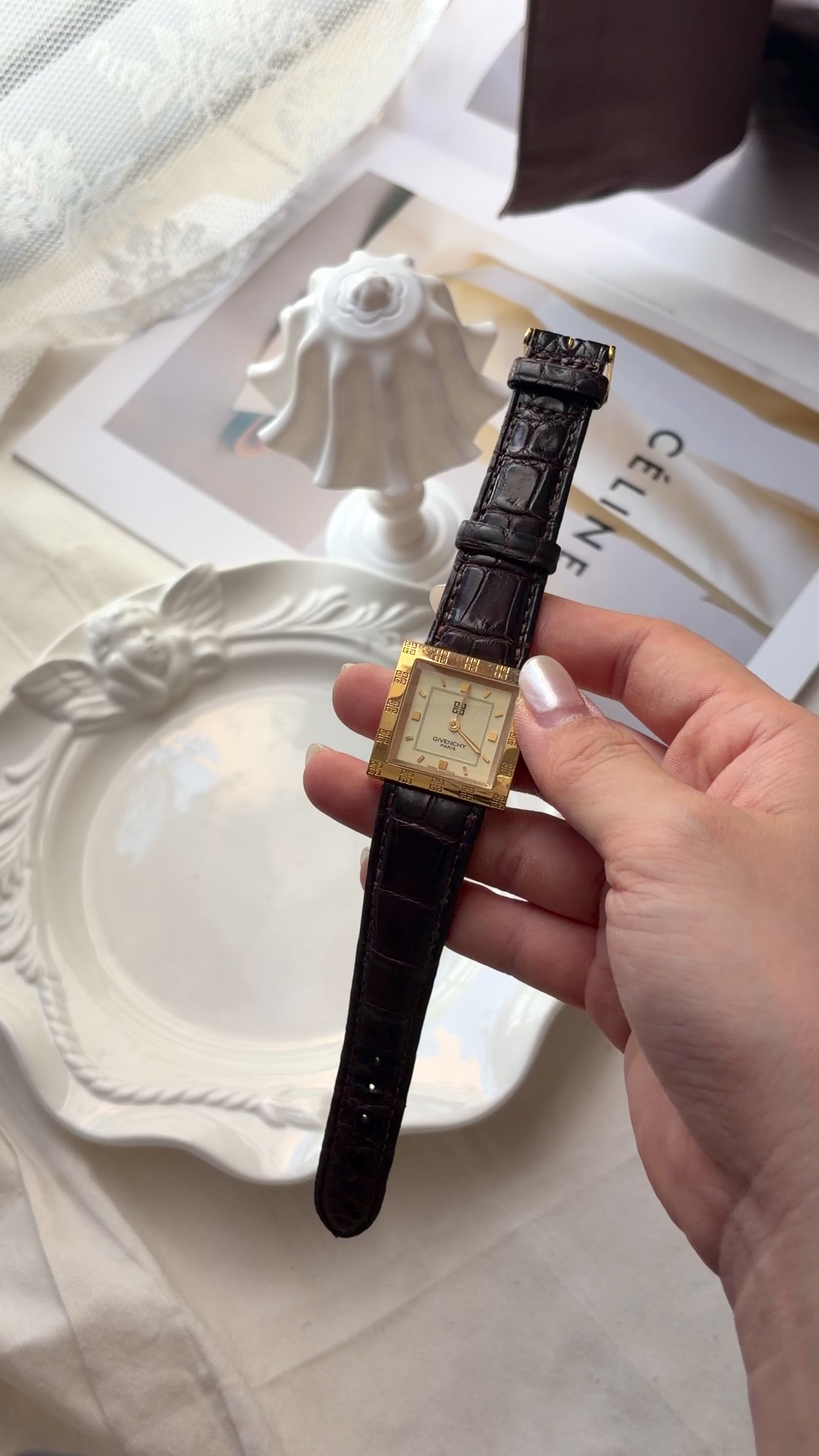 GV. Beige Square Dial with Brown Strap Watch