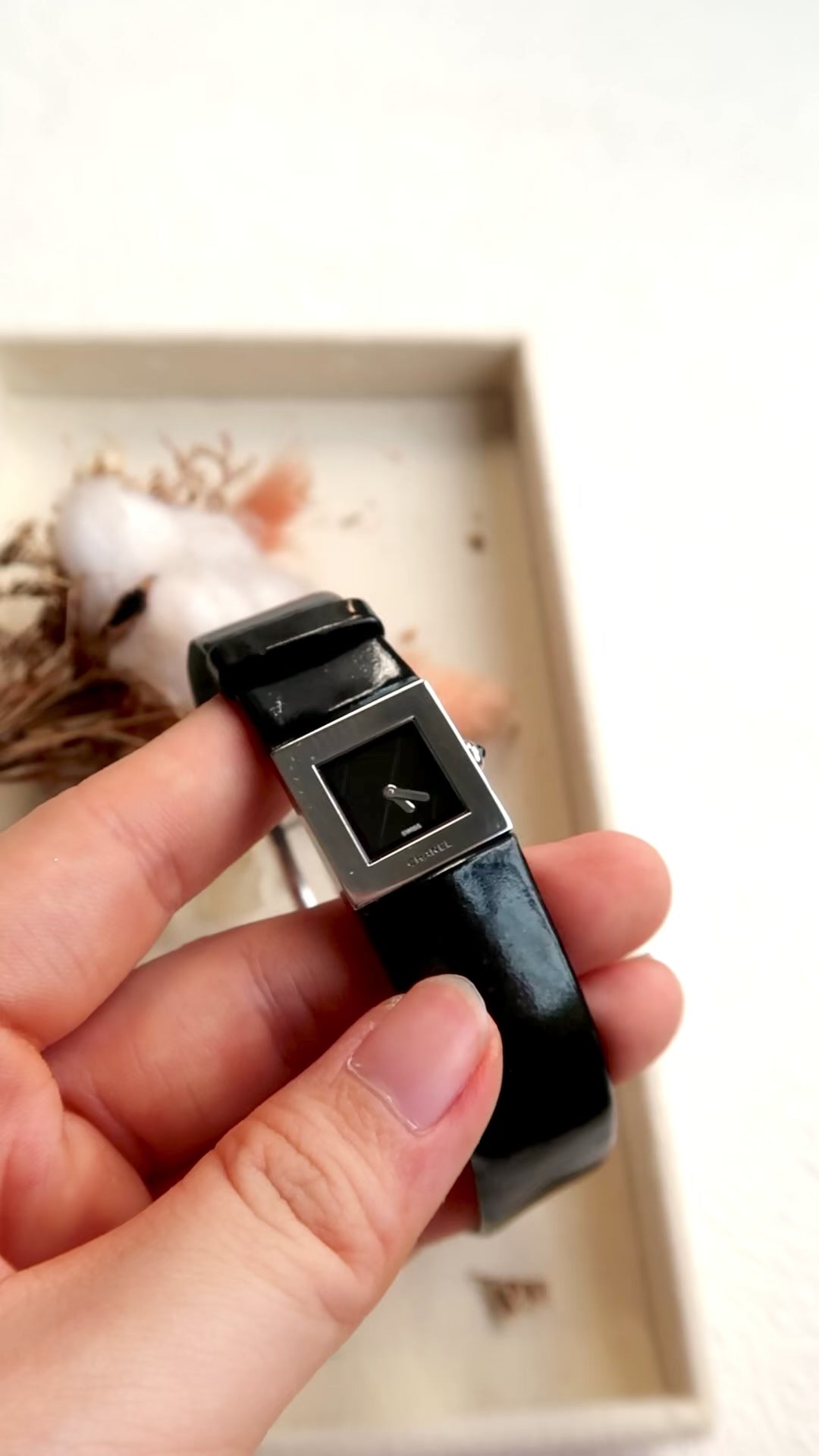 CHNL Matelasse Black Square Dial with Black Leather Strap