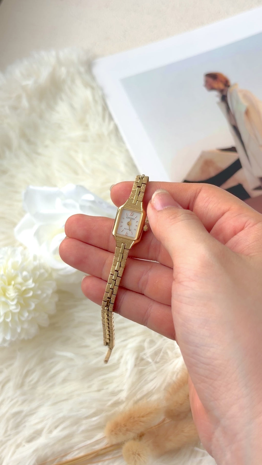 CTZ. Kii Eco Drive Mini Square White Dial with Gold Bronze Chain Watch