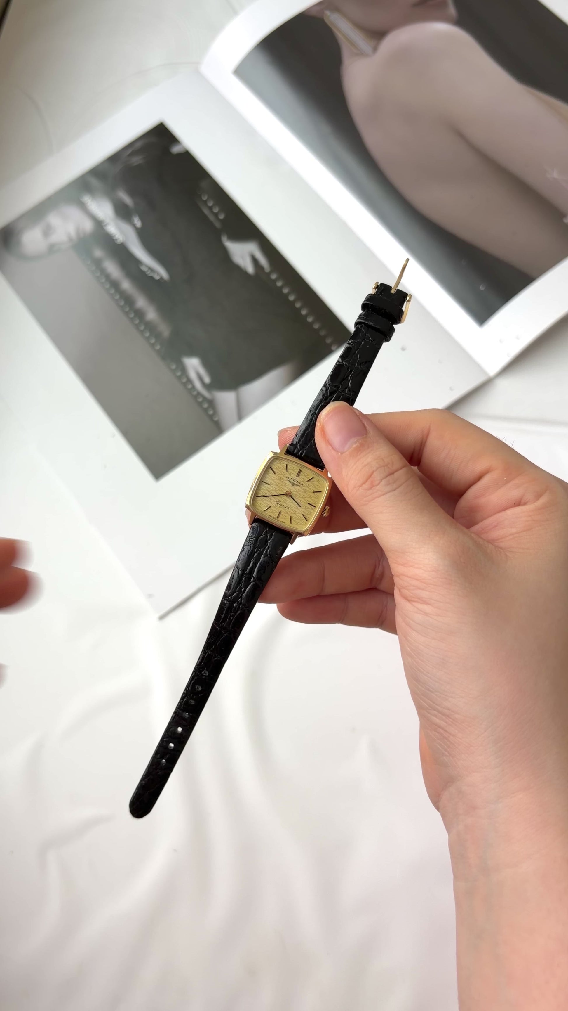 L. Square Gold Pattern Dial with Black Strap Watch