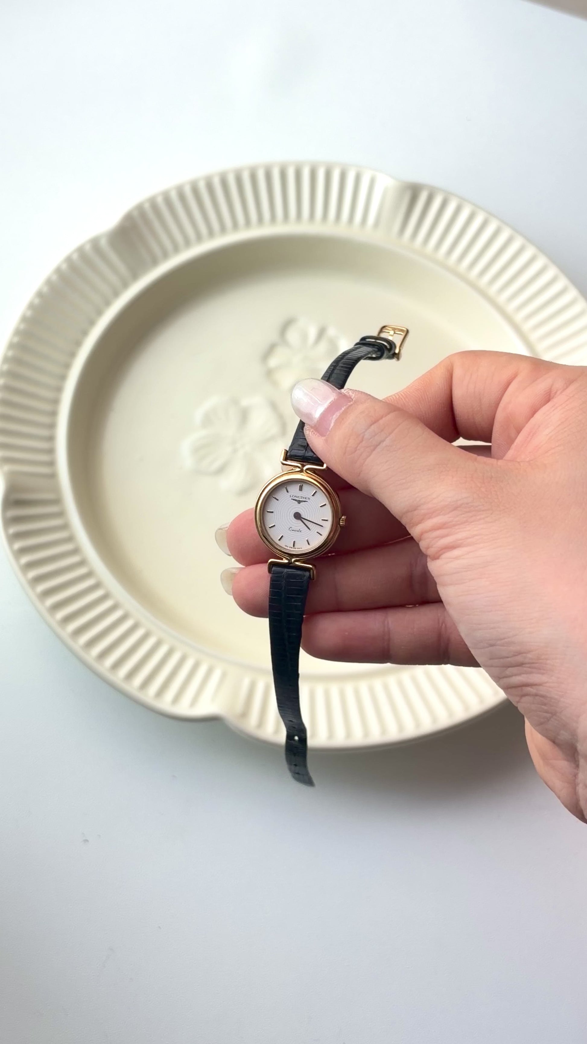 L. White Round Dial with Black Strap Watch