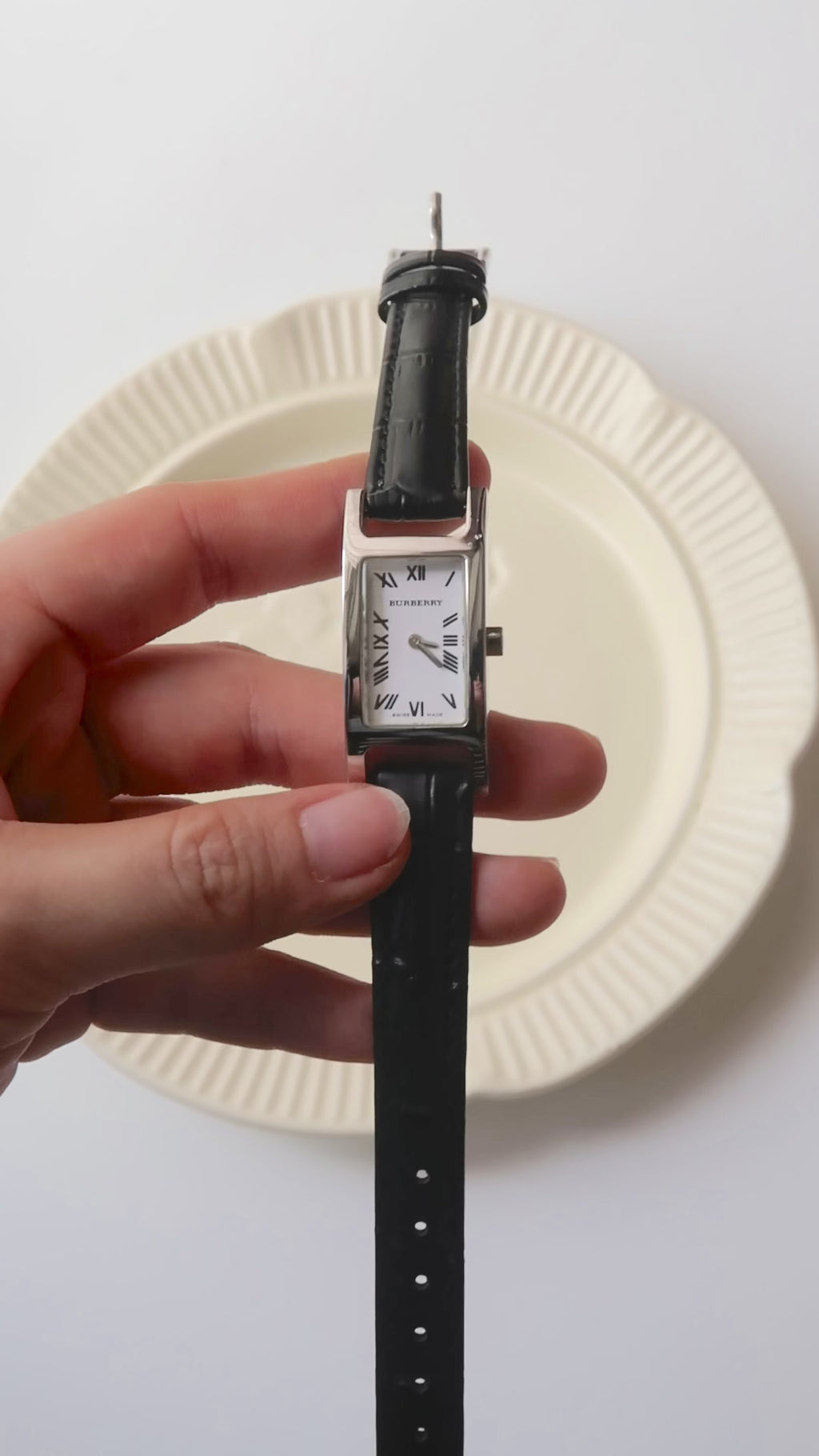 BRBY. 14000L White Rect Silver Roman Dial Black Strap Watch