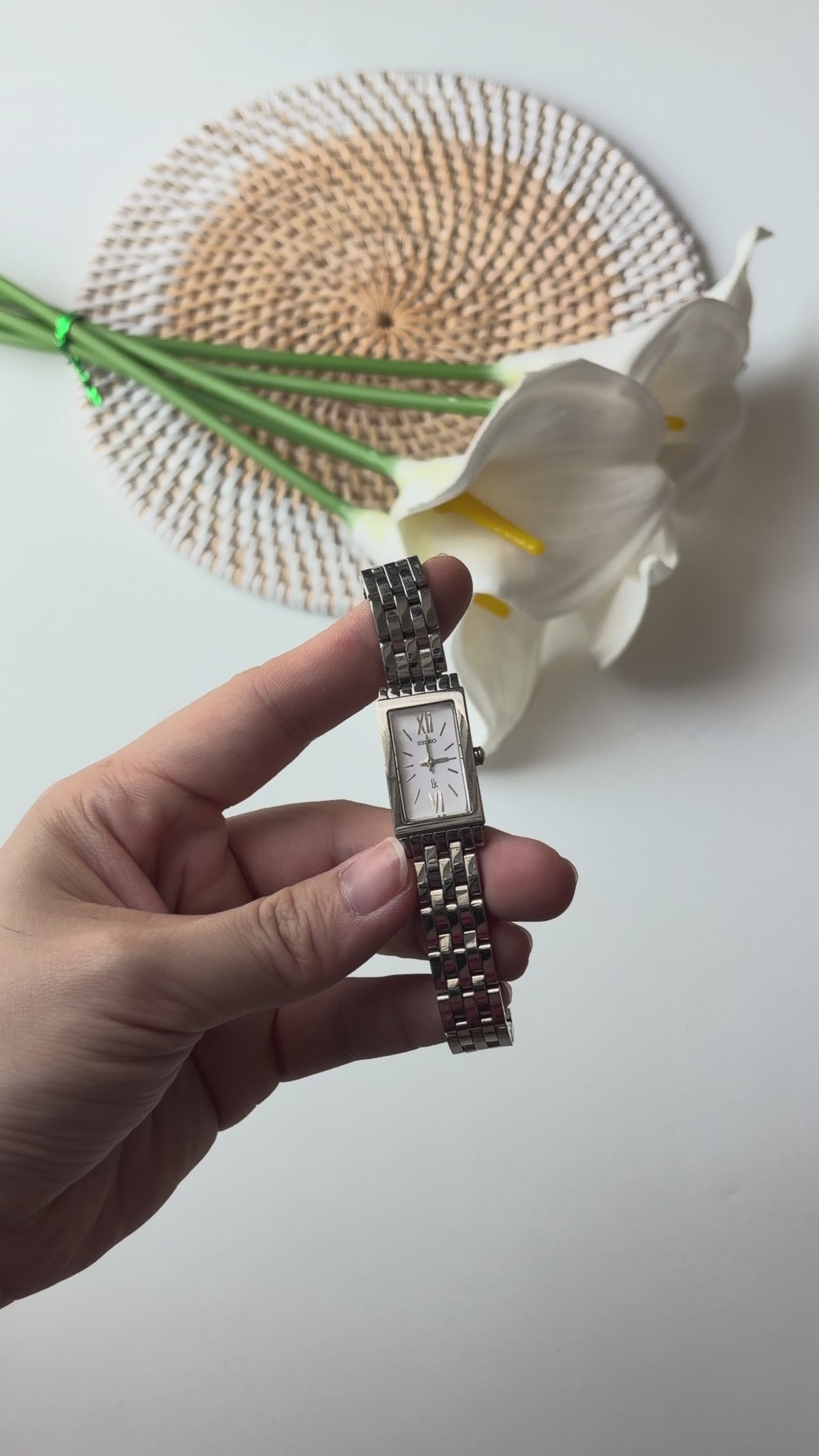 S. Lukia White Rect Dial Silver SS Chain Watch