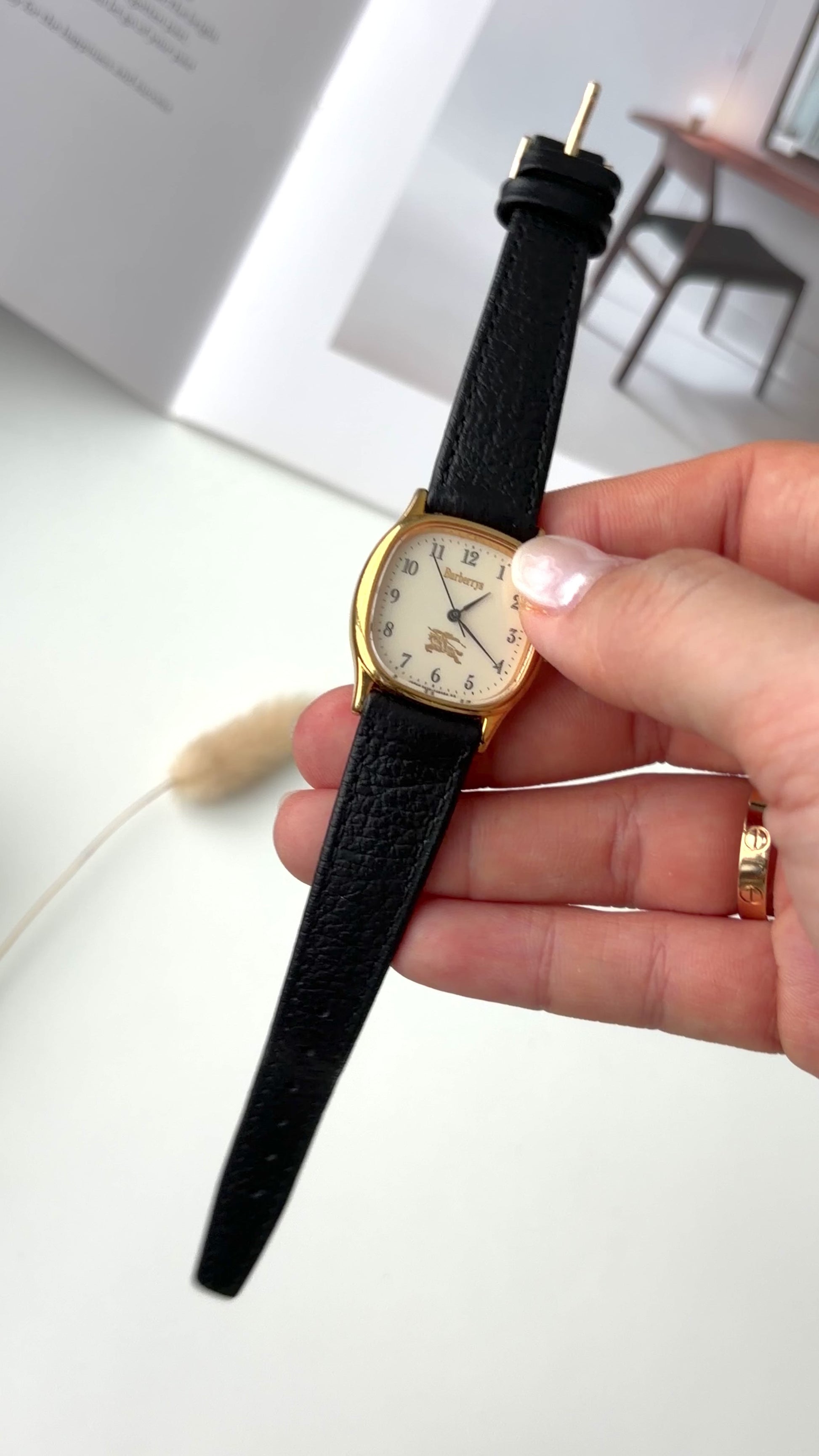 BRBY. Beige Numeric Square Dial Black Strap Watch