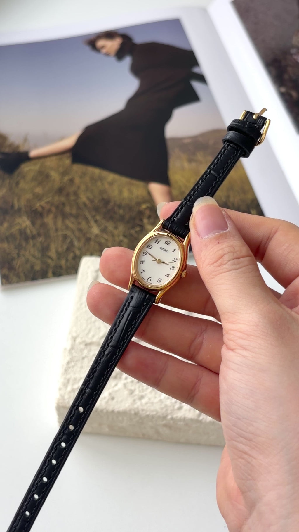 S. Oval White Dial with Black Strap Watch